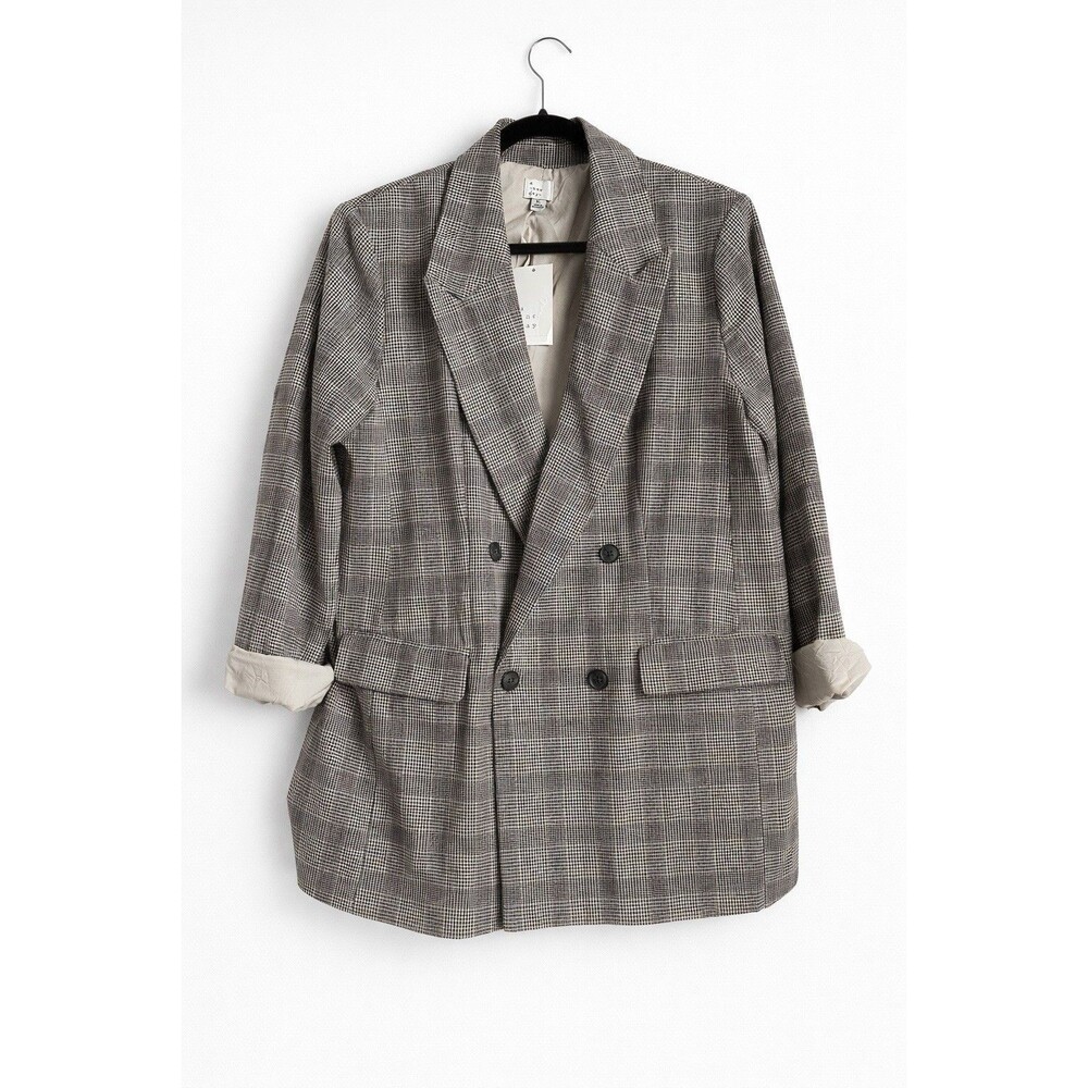 Plaid Double-Breasted Blazer – Academia Recycled Polyester Blend Gray Beige XL‎